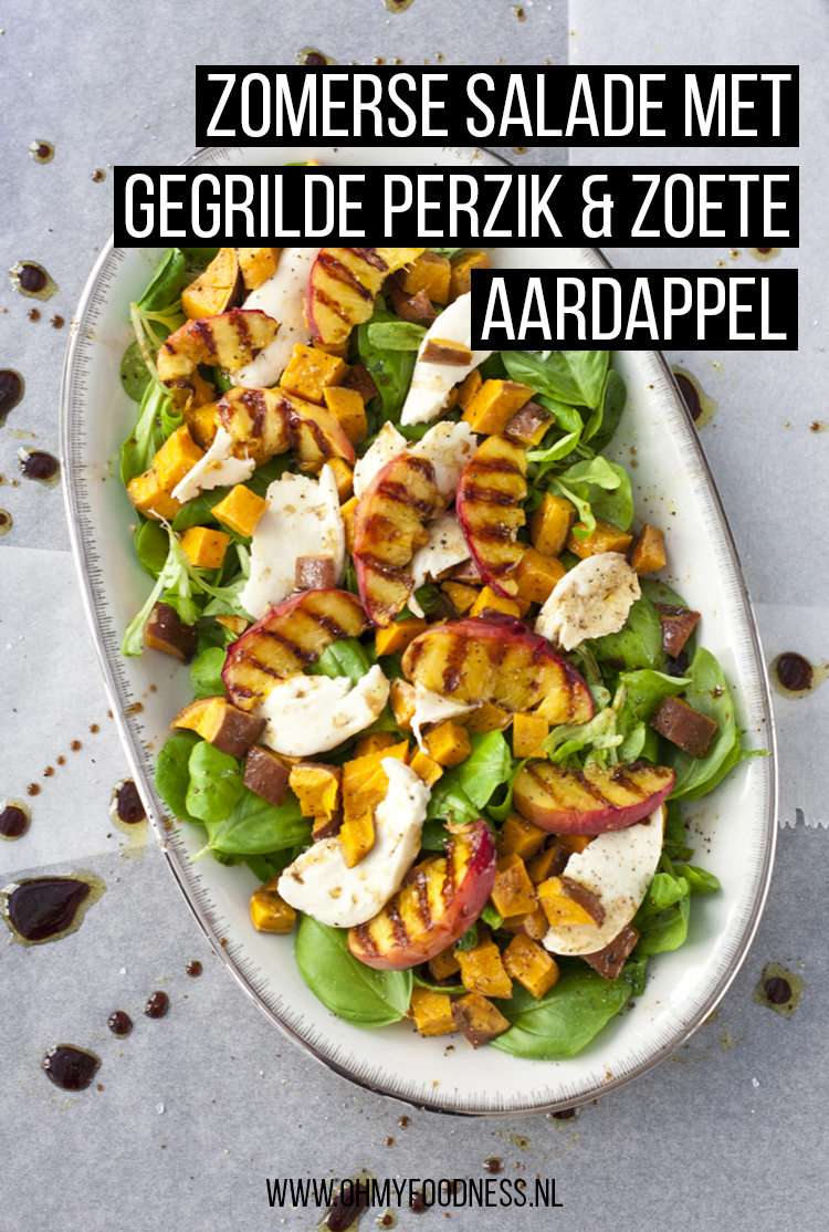 Zomerse salade met gegrilde perzik en zoete aardappel