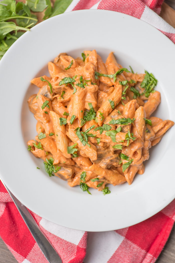 Penne met Hollandse garnalen en paddestoelen