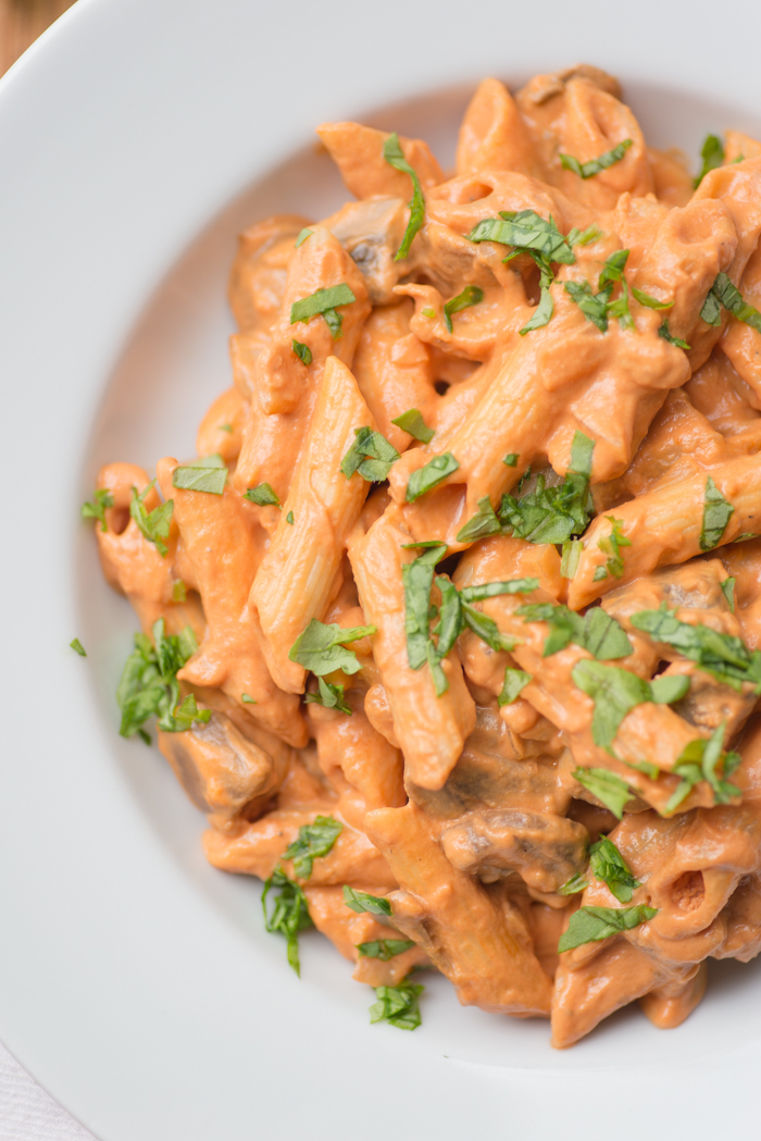 Penne met Hollandse garnalen en paddestoelen