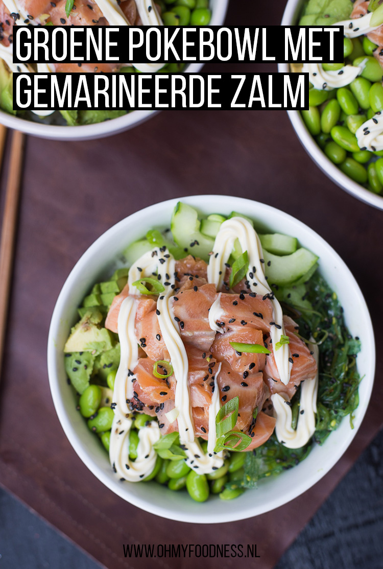 Groene pokebowl met gemarineerde zalm