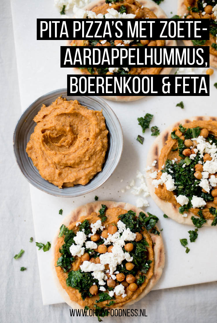 Pita pizza's met zoete aardappelhummus, boerenkool en feta