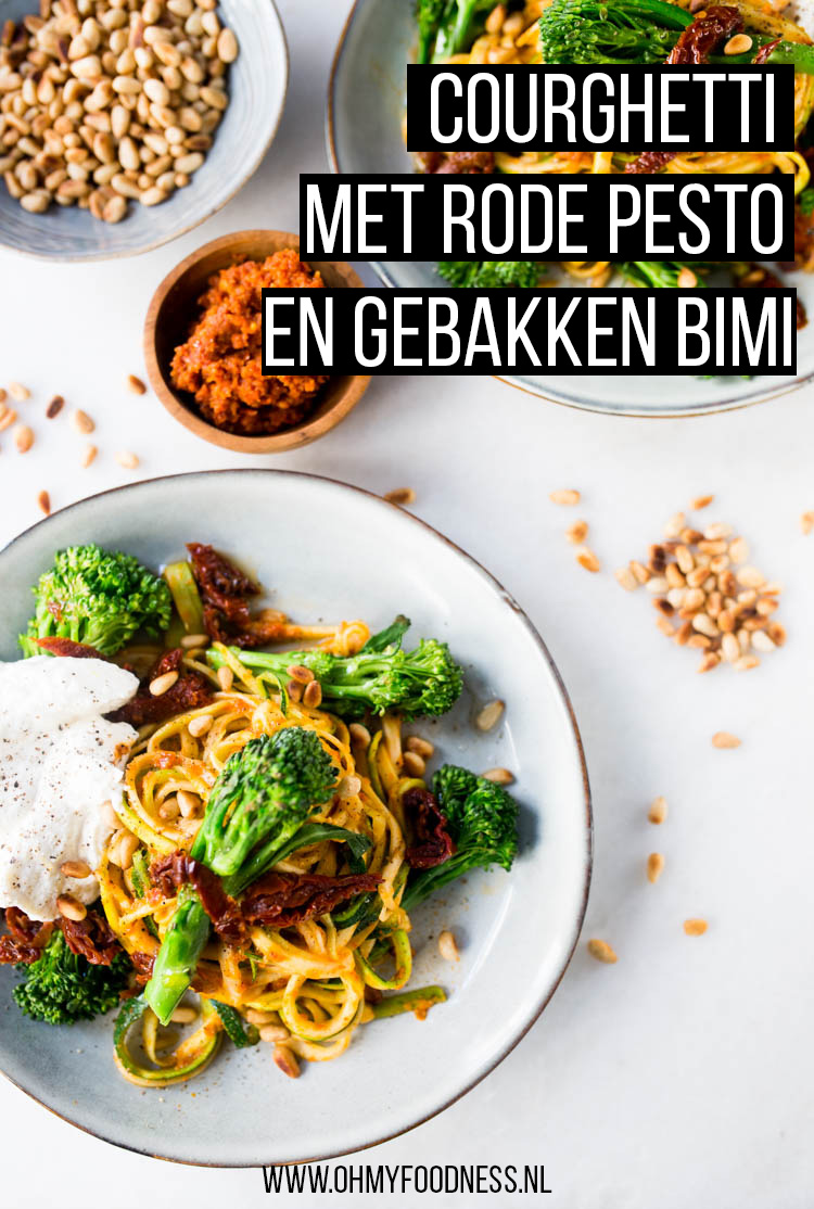 courghetti met rode pesto en gebakken bimi