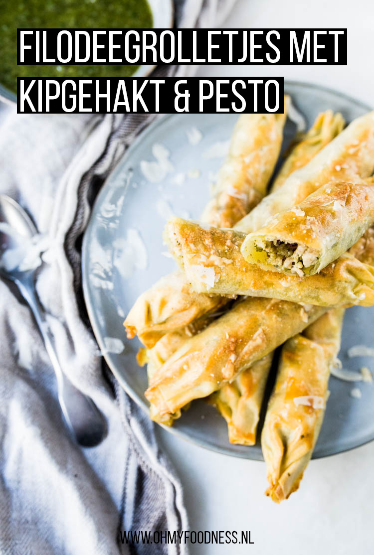 Filodeegrolletjes met kipgehakt en pesto