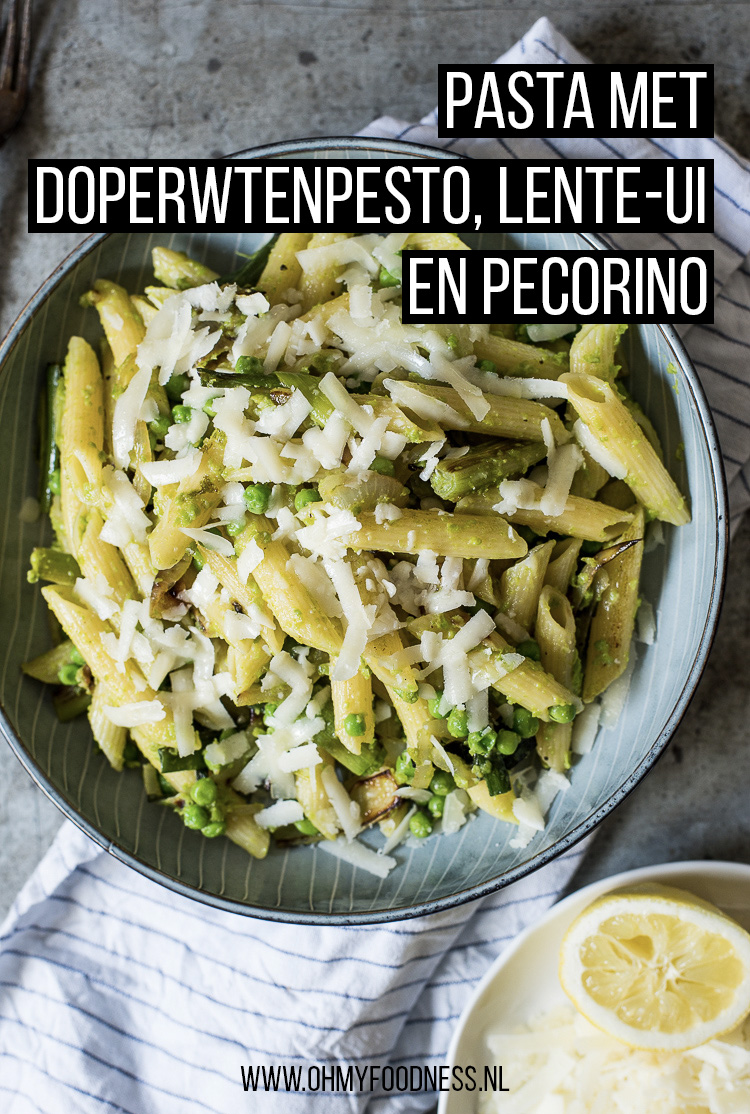 Pasta met doperwtenpesto, lente-ui en pecorino