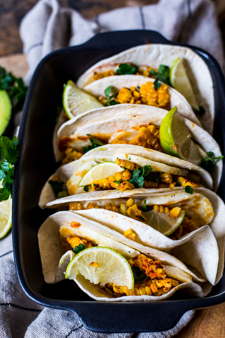 Soft tacos with halloumi, guacamole and grilled corn