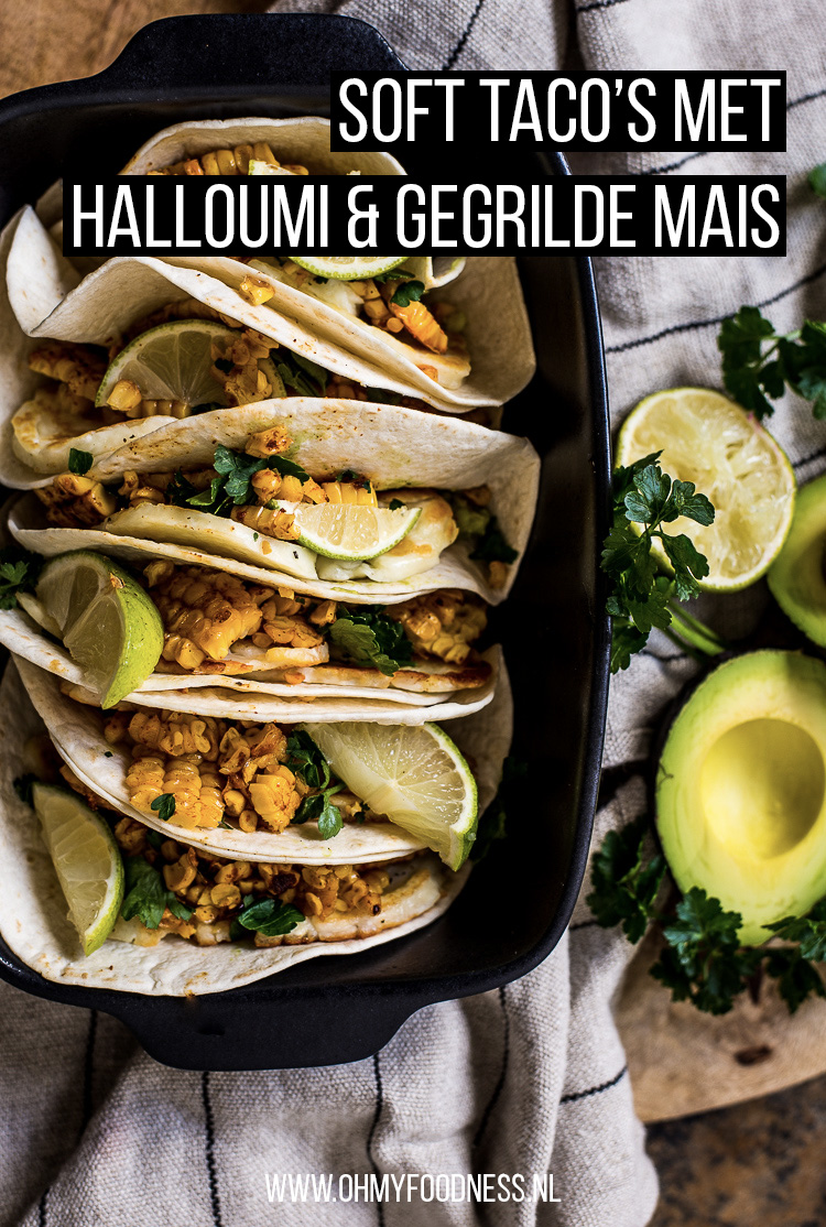 Soft tacos with halloumi, guacamole and grilled corn