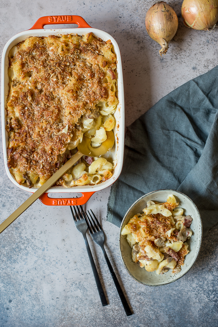 Mac & Cheese met cervelaat en champignons