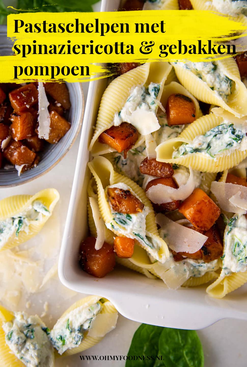 Pastaschelpen met spinaziericotta en gebakken pompoen